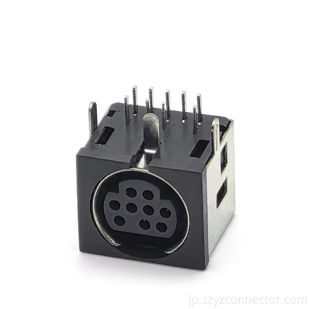 MINI DIN コネクタ メスソケット 90 度 DIP 単層銅シェル ニッケルメッキ ブラック 9P MINI DIN Connector Female Socket 90 Degree DIP Single Layer Copper Shell Nickel Plated Black 9P